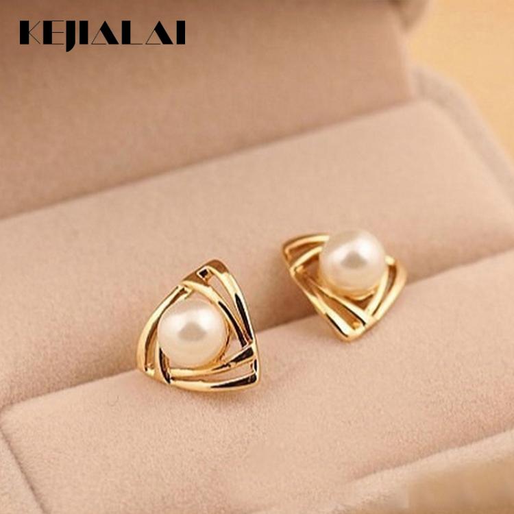 all in one place תכשיטי אופנה KEJIALAI Golden Triangle Earrings Fashion Jewelry Women Pearl Stud Earrings Exquisite Bijoux Wedding Gifts LY-C1023