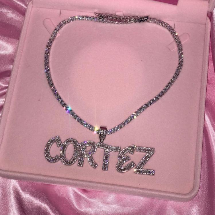 all in one place תכשיטי אופנה Custom Name Words Baguette Letters Pendant Gold silver Color Charm AAAA Zirconia Men&#x27;s Hip Hop Necklace Chain Rock Jewelry