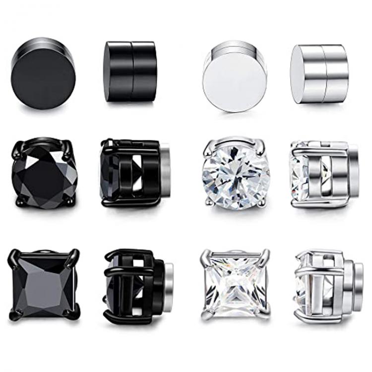 all in one place תכשיטי גברים 6 Pairs of Magnetic Stud Earrings Men and Women Black CZ Magnet Non-piercing Clip Earring Set Round Black Steel