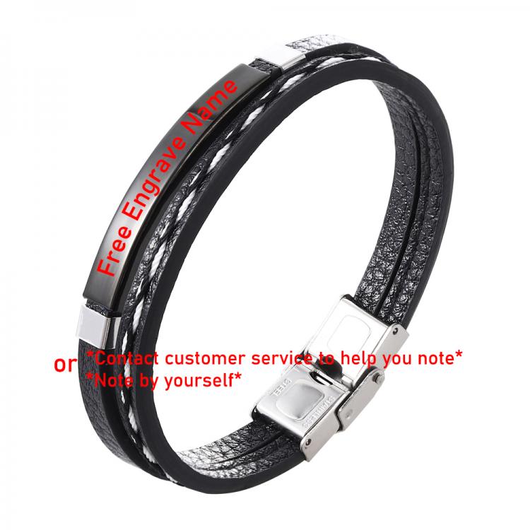 all in one place תכשיטי גברים Engraved Name Genuine Leather Bracelet Double Layer Design Black Golden Stainless Steel for Men Punk Jewelry Gift Free Shipping