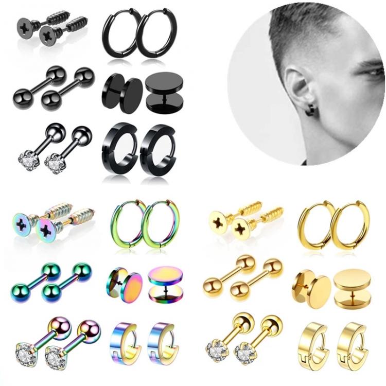 all in one place תכשיטי גברים 12PCS Stainelss Steel Punk Earrring Set Men Earring Hoop Lot Gothic Earring Pack For Women Men Fake Ear Plug Unisex Ear Stud Set