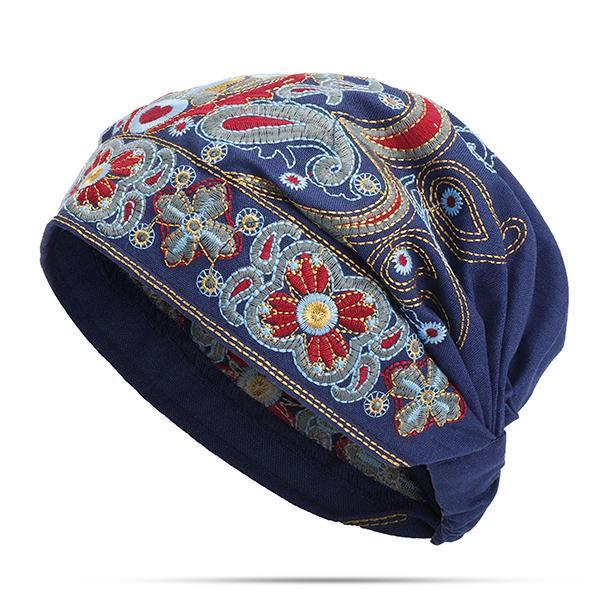 all in one place בגדי נשים Women Navy Vintage Beanie Hat Ethnic Embroidery Flowers Slouch Cotton Skullcap Cap