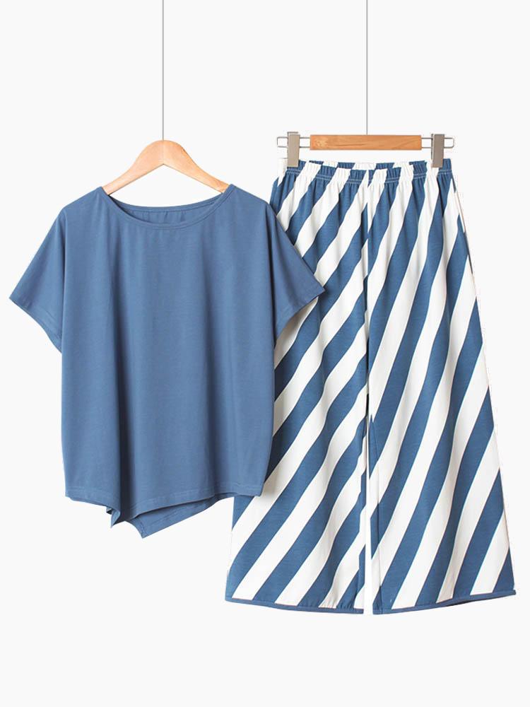 all in one place בגדי נשים Cotton Short Sleeve O Neck Stripe Pants Loose Pajama Set