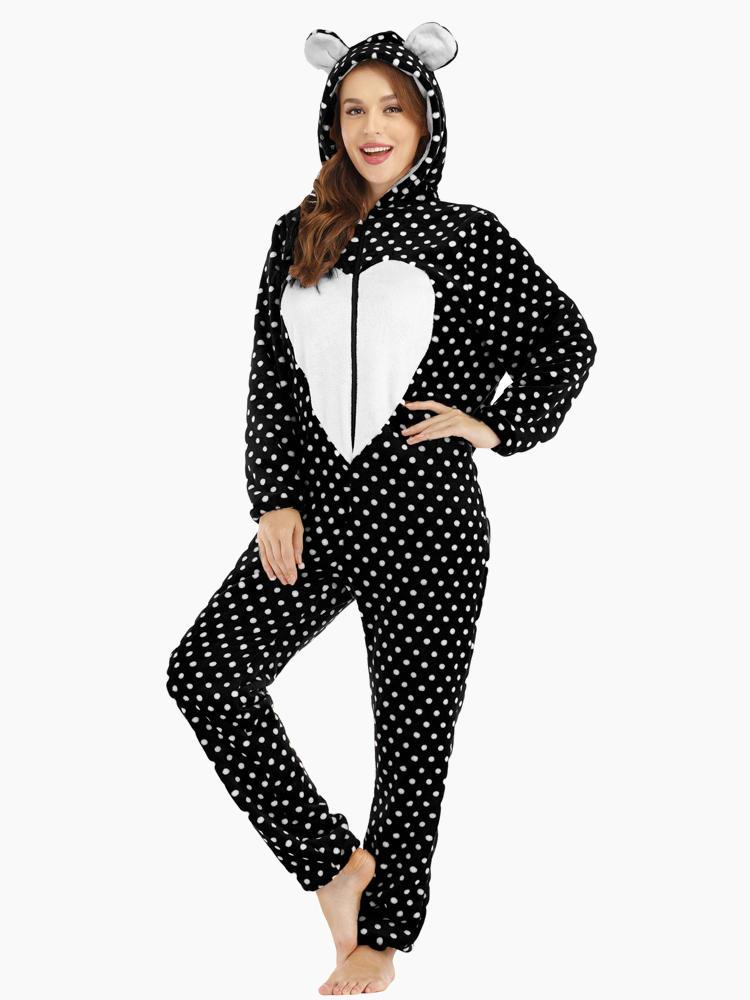 all in one place בגדי נשים Flannel Front Zip Polka Dot Onesie Long Sleeve Animals Pajama Set