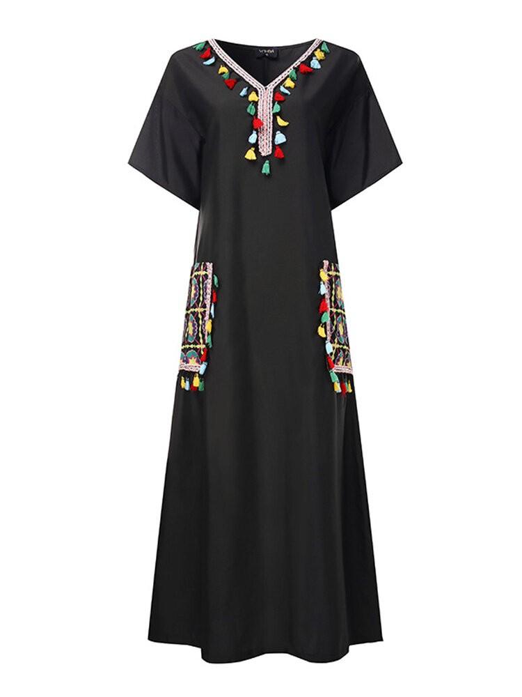 all in one place בגדי נשים Women Print Loose V-neck Short Sleeve Long Maxi Dress