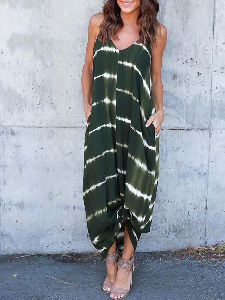 all in one place בגדי נשים Women Holiday Striped Print V-Neck Spaghetti Straps Loose Maxi Dress with Pockets