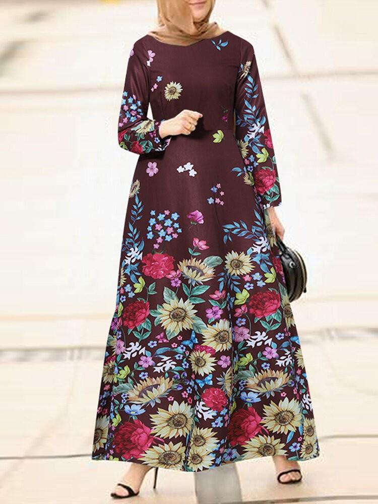 all in one place בגדי נשים Women Floral Print Round Neck Long Sleeve Kaftan Swing Maxi Dresses