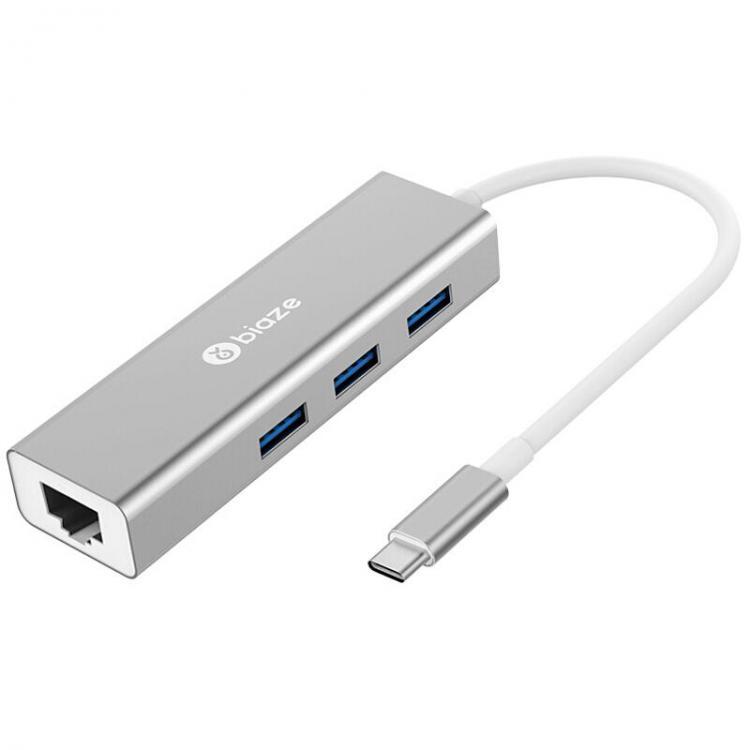 all in one place ציוד היקפי Biaze ZH19 Aluminum Alloy Type-C to 3-Port USB 3.0 + 1000Mbps Gigabit RJ45 Hub