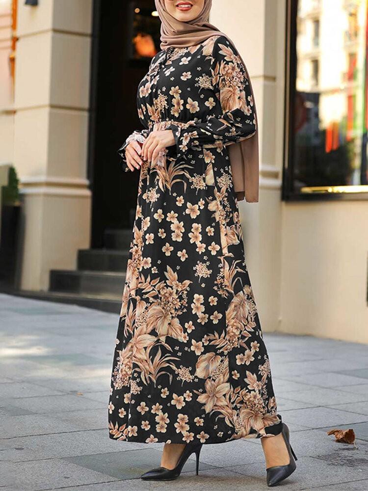 all in one place בגדי נשים Women Flowers Print Ruffle Cuffs Lace-Up Stand Collar Casual Maxi Muslim Dress Abaya Kaftan