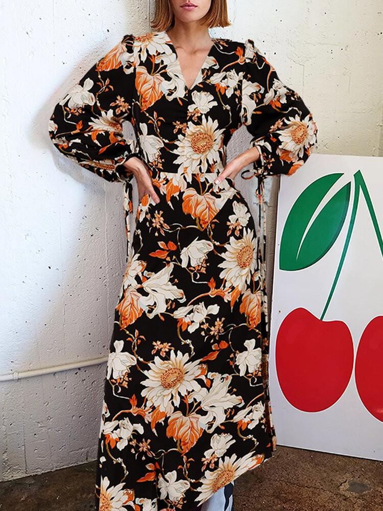 all in one place בגדי נשים Women Flowers Print V-Neck Lantern Sleeve A-Line Casual Holiday Maxi Dress