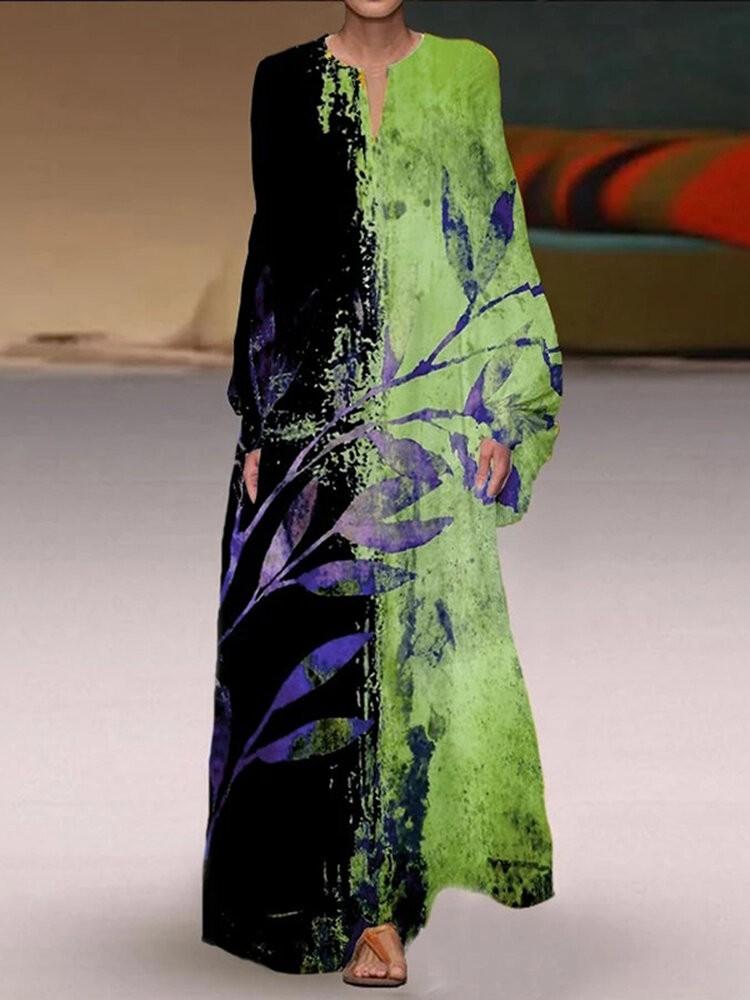 all in one place בגדי נשים Plant Contrast Print V-neck Elastic Cuffs Casual Long Sleeve Maxi Dresses For Women