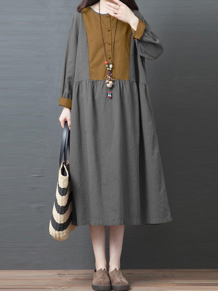 all in one place בגדי נשים Women Contrast Patchwork Button Front Casual Long Sleeve Maxi Shirt Dresses