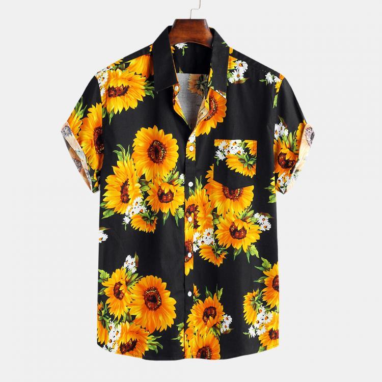 all in one place בגדי גברים Mens Sunflower Printed 100% Cotton Fit Loose Causal Shirts