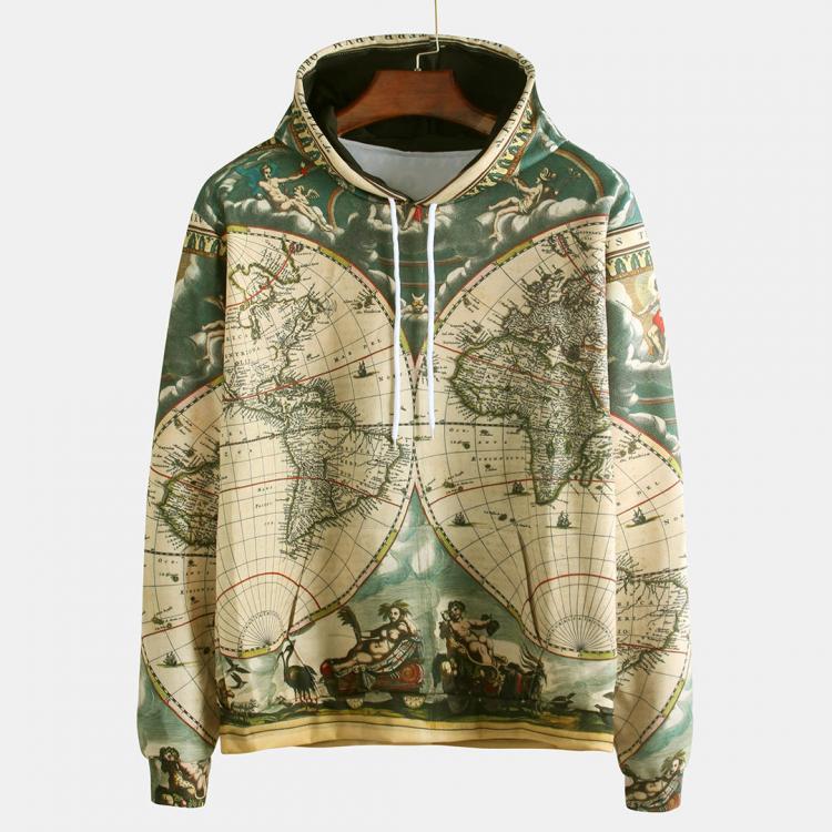 all in one place בגדי גברים Mens Fashion World Map Adventure Printing Long Sleeve Hooded Sweatshirt