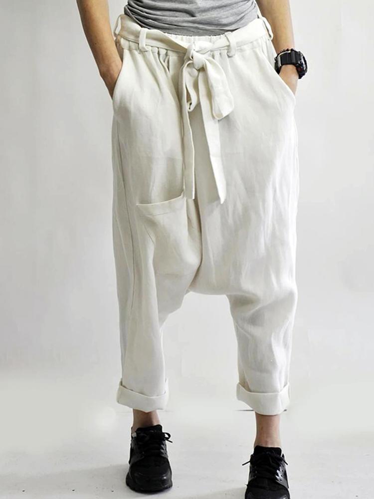 all in one place בגדי נשים Women Pure Color Elastic Waist Loose Side Pockets Trousers Pants