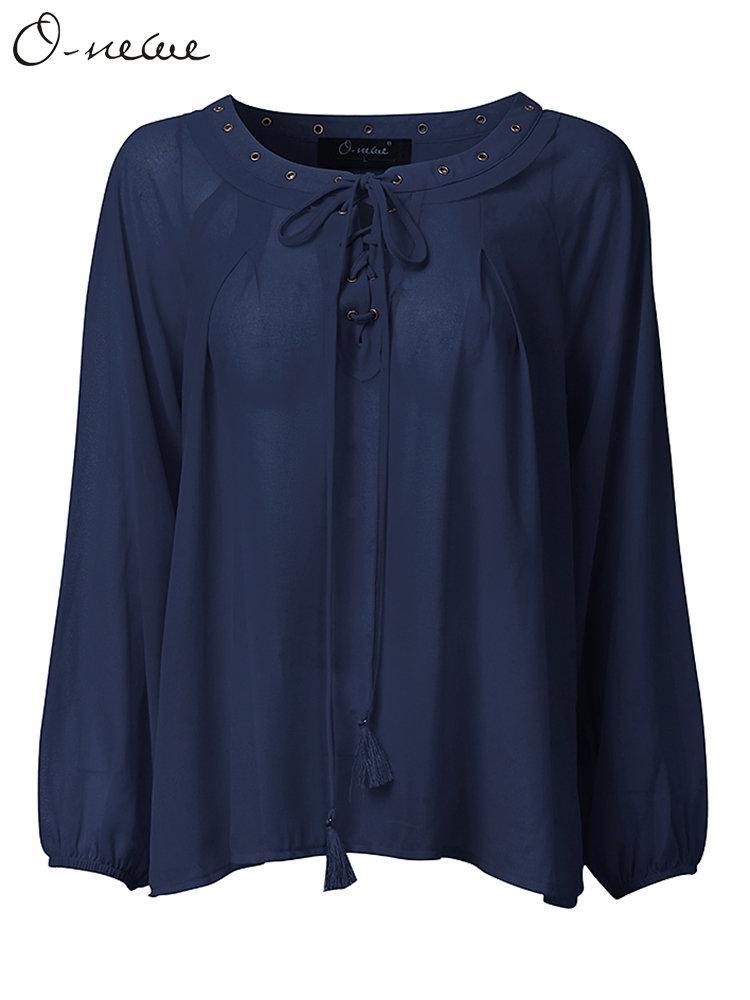 all in one place בגדי נשים O-NEWE L-5XL Elegant Women Lace Up Pleated Solid Chiffon Blouse