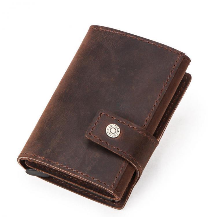 all in one place ציוד היקפי CONTACTS RFID Portable Auto Pops Up Buckle Business Card Holder Wallet Crazy Horse Cow Leather Vintage Name Card Case ID Credit Ca