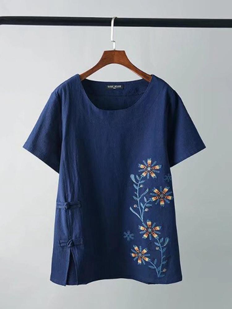 all in one place בגדי נשים Casual Women Floral Embroidery Short Sleeve Vintage T-Shirt