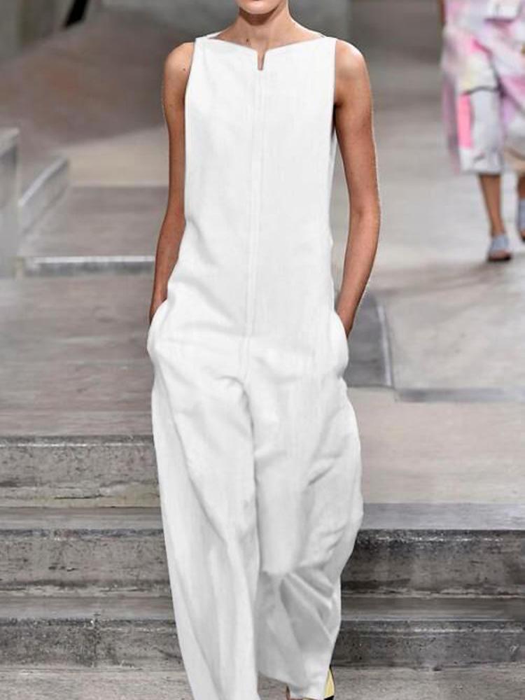 all in one place בגדי נשים Pure Color O-neck Sleeveless Wide Leg Long Jumpsuit