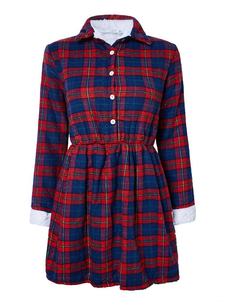 all in one place בגדי נשים Women Thickening Plaid Elastic Waist Long Sleeve Blouse