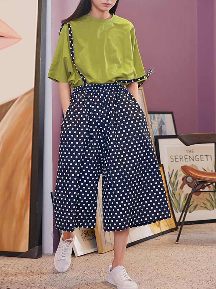 all in one place בגדי נשים Women Casual Backless Polka Dot Print Straps Wide Leg Jumpsuit