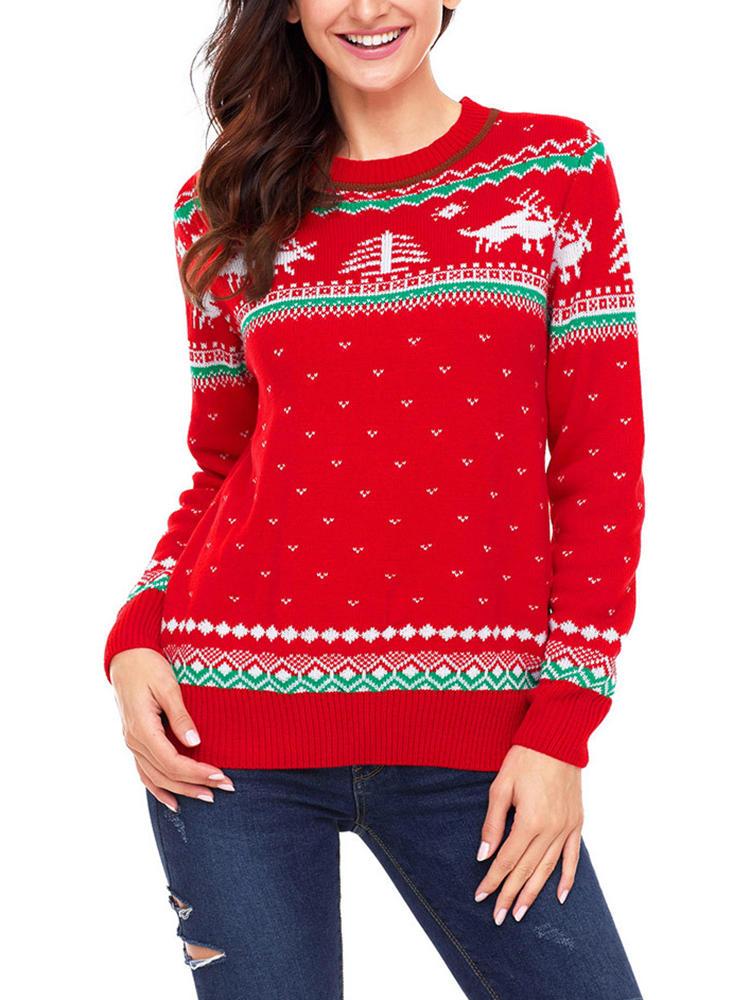 all in one place בגדי נשים Christmas Women Long Sleeve Printed O-Neck Sweater