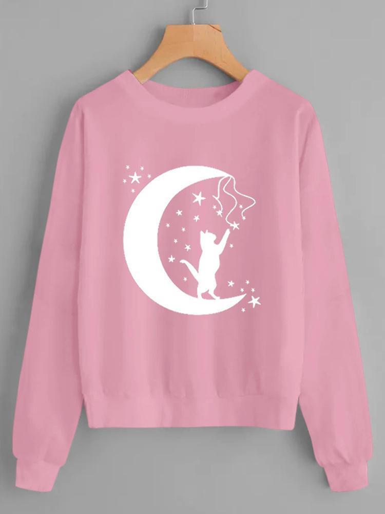 all in one place בגדי נשים Women Casual Cat And Moon Printed Long Sleeve Hoodies Sweatshirt