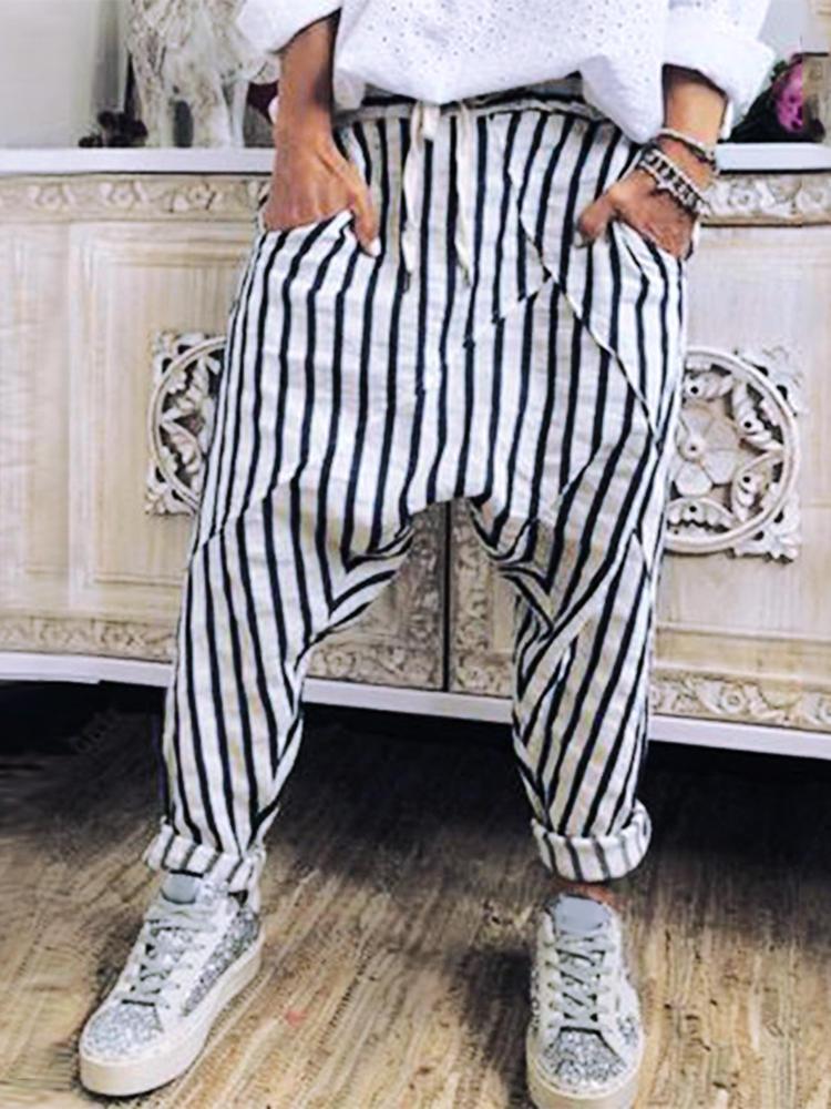 all in one place בגדי נשים Women Casual Striped Elastic Waist Trouser Pants