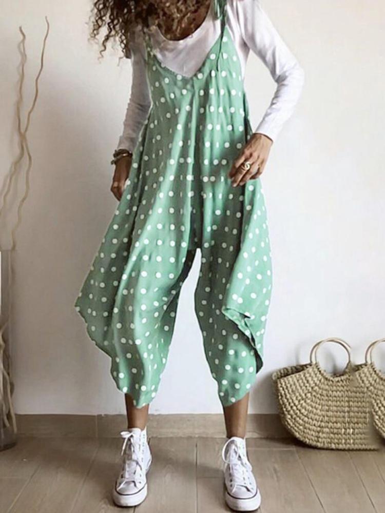 all in one place בגדי נשים Wide Leg Women Loose Polka Dot V-Neck Irregular Hem Jumpsuit