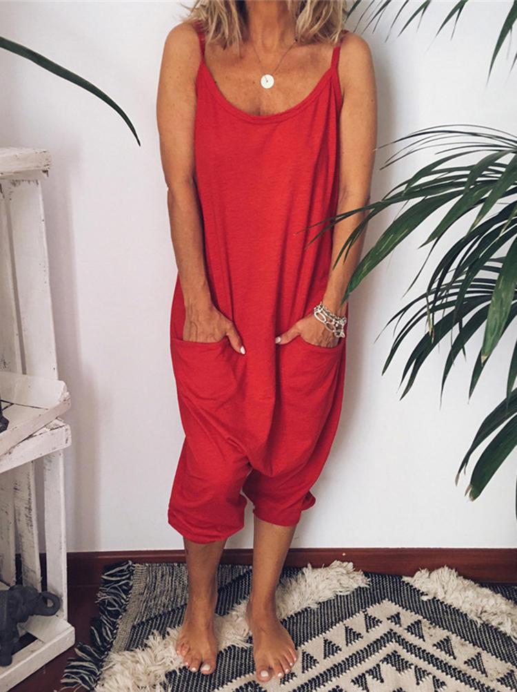 all in one place בגדי נשים Women Solid Color Strap Jumpsuit with Pockets