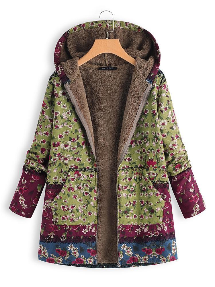 all in one place בגדי נשים Vintage Women Patchwork Floral Printed Hooded Long Sleeve Coats