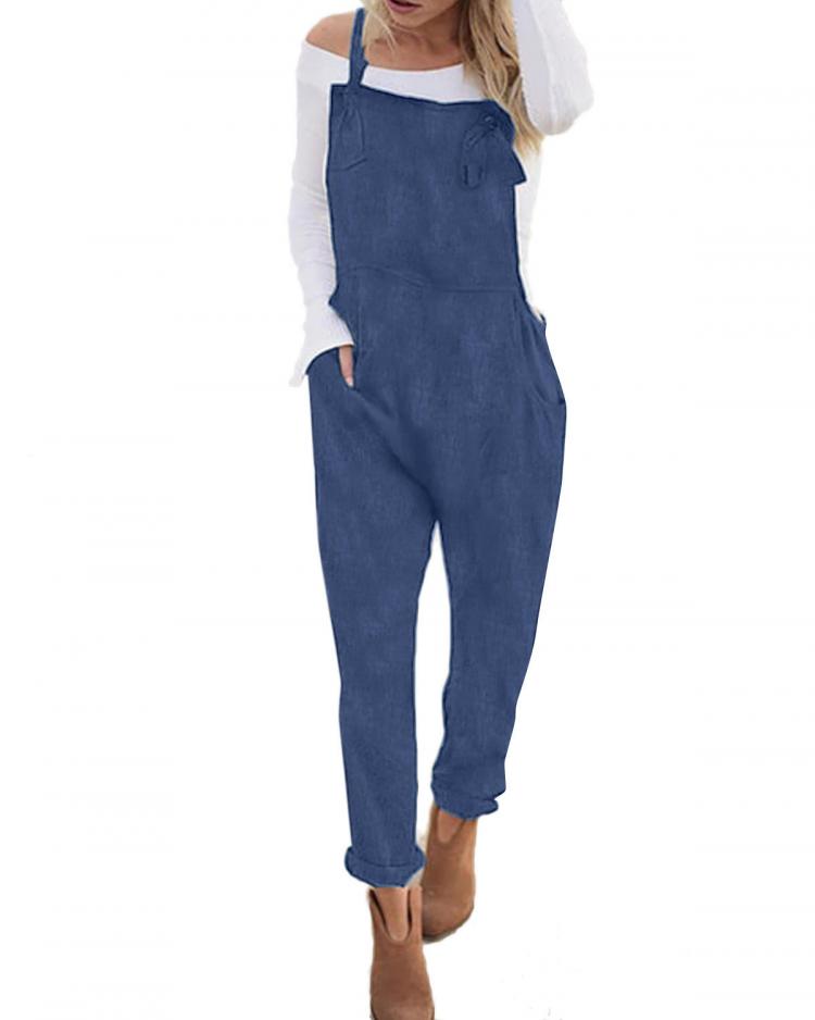 all in one place בגדי נשים Women Sleeveless Overalls Strappy Pocket Romper Bib Loose Jumpsuit