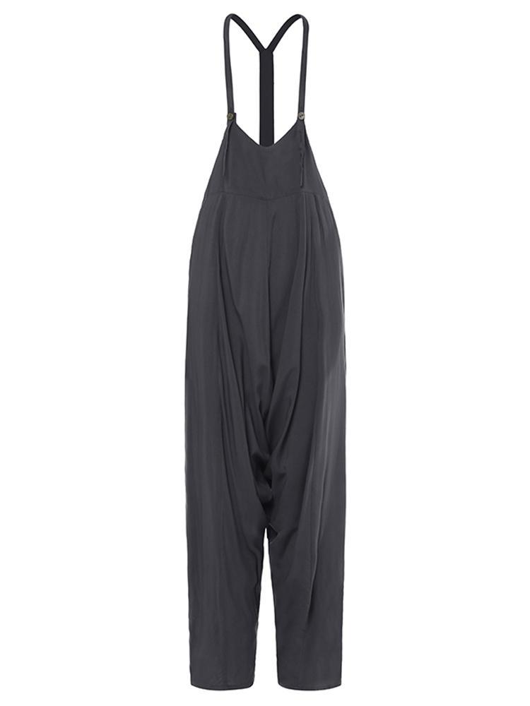all in one place בגדי נשים Women Sleeveless Straps Button Side Pocket Loose Jumpsuit
