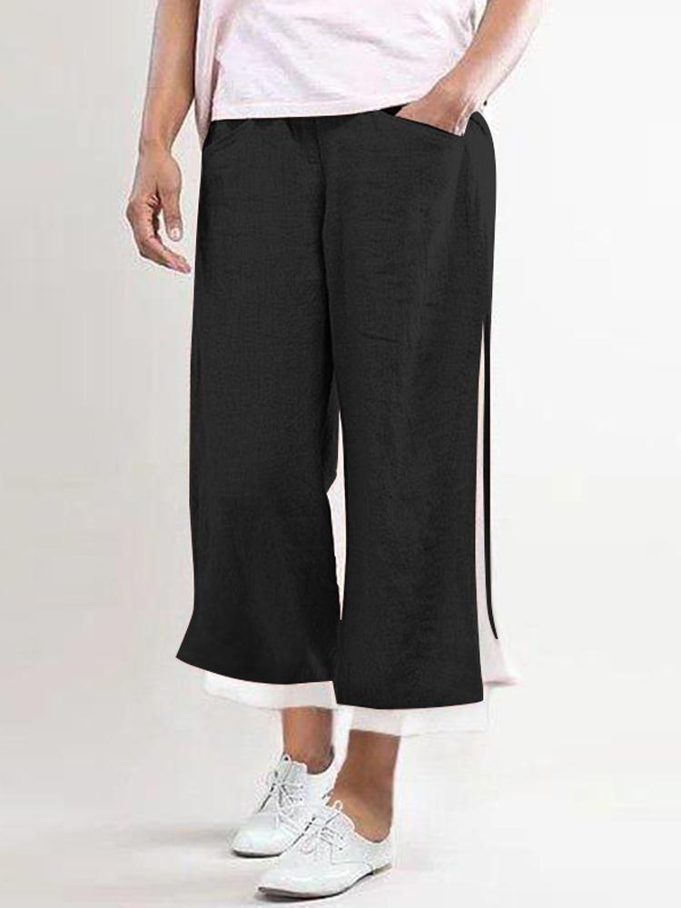 all in one place בגדי נשים Solid Elastic waist Side Pockets Casual Wide Legs Pants