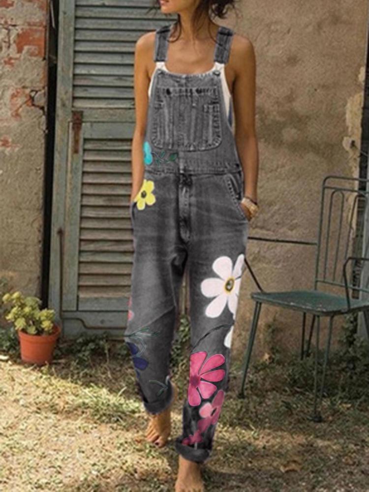 all in one place בגדי נשים Women Casual Big Flower Print Pockets Denim Jumpsuit