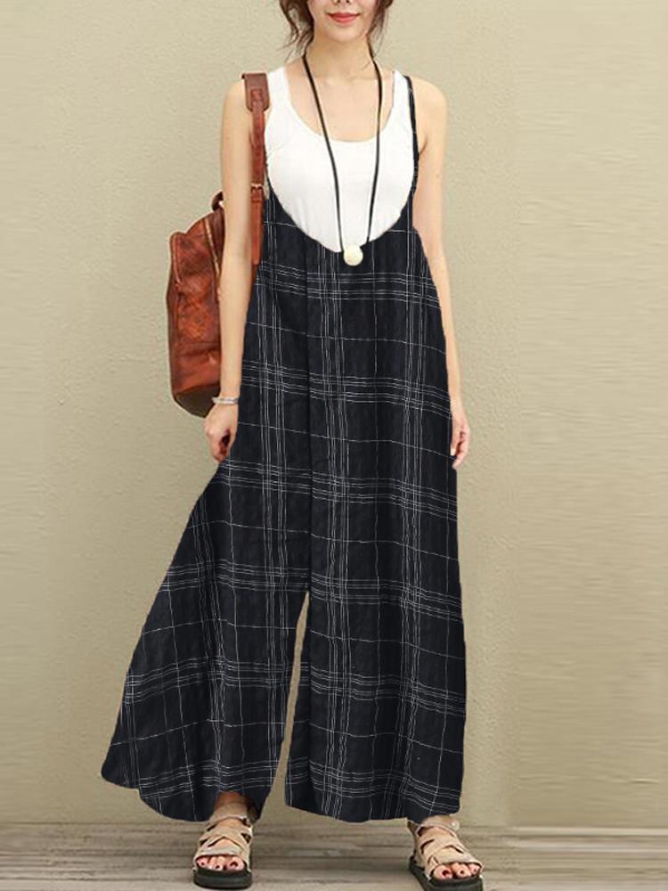all in one place בגדי נשים Women Sleeveless Strap Dungaree Loose Plaid Harem Jumpsuit