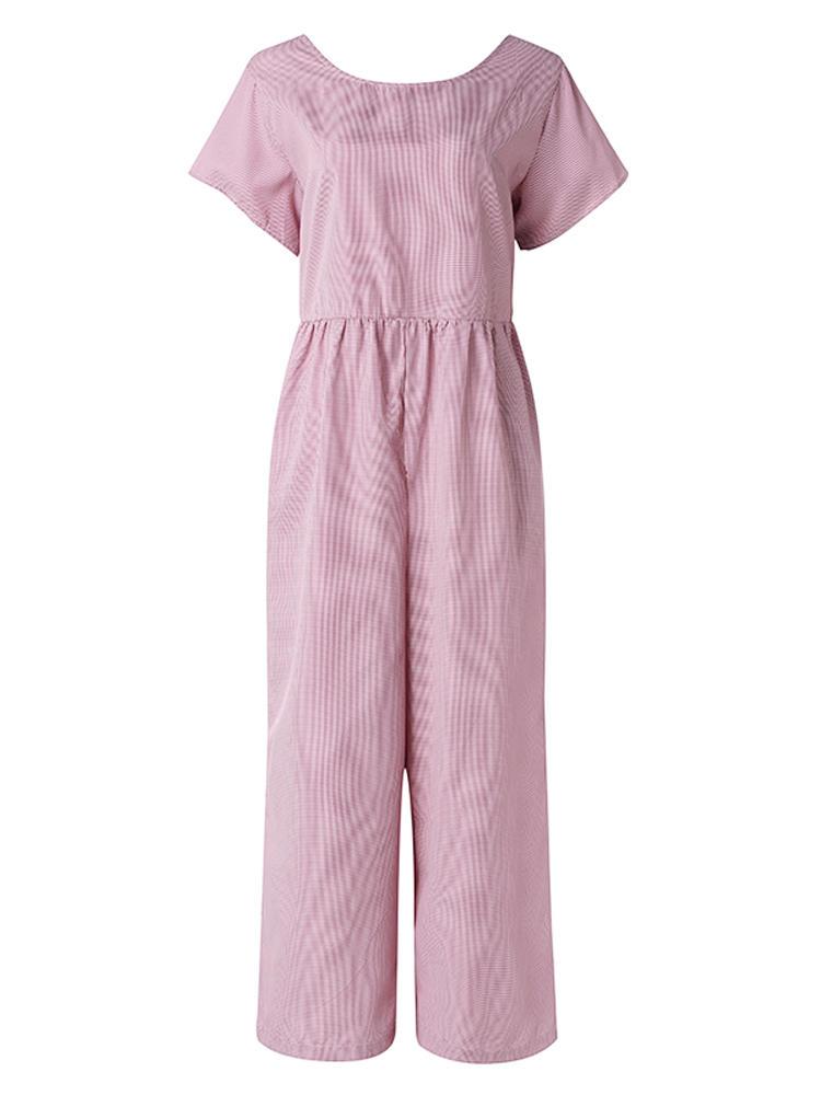 all in one place בגדי נשים Women Short Sleeve O-neck Wide Leg Pant Loose Casual Plaid Jumpsuit