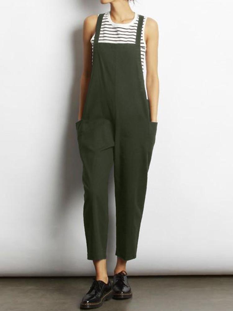 all in one place בגדי נשים Women Sleeveless Cross Back Overalls Jumpsuit with Pockets