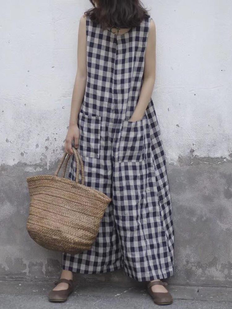all in one place בגדי נשים S-5XL Women Sleeveless Plaid Loose Wide Leg Jumpsuit