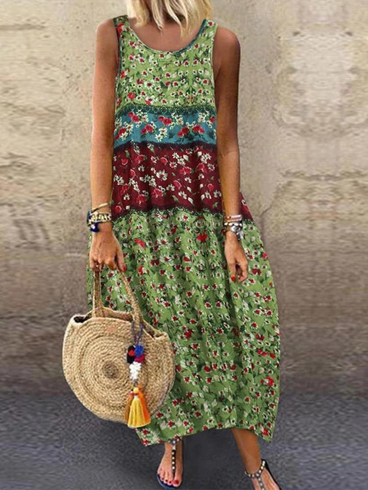 all in one place בגדי נשים Women Sleeveless O-neck Floral Print Summer Maxi Dress