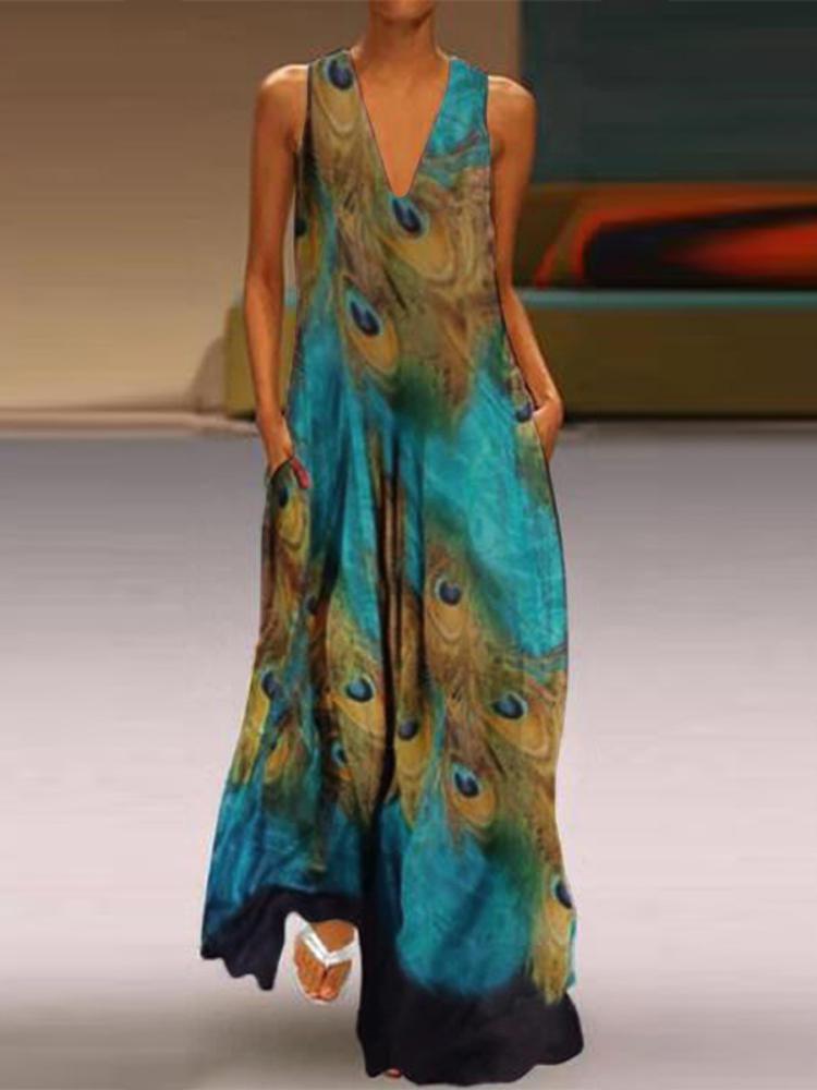all in one place בגדי נשים Women Sleeveless Peacock Print Bohemia Beach Long Maxi Dress