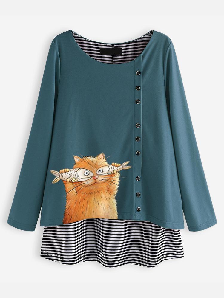 all in one place בגדי נשים Cartoon Cat Stripe O-neck Long Sleeve Button Blouse