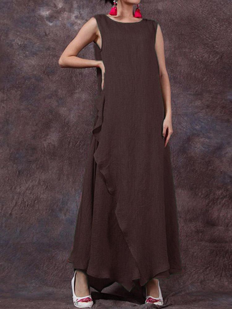 all in one place בגדי נשים Women Sleeveless Solid Color O-neck Long Maxi Dress