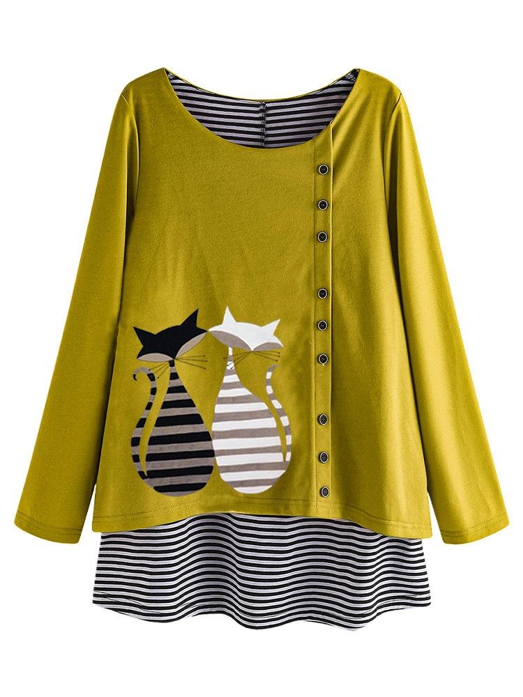 all in one place בגדי נשים Stripe Cartoon Cat Print Patchwork Long Sleeve Blouse