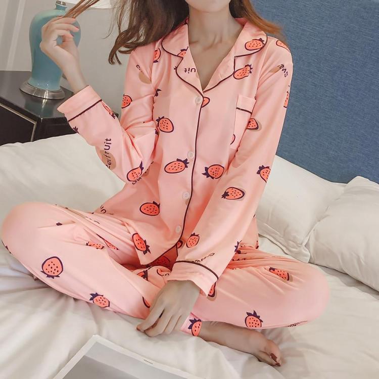 all in one place בגדי נשים 2Pcs Cartoon Printed Long Sleeve Lapel Button Silk Pajama Sets Sleepwear