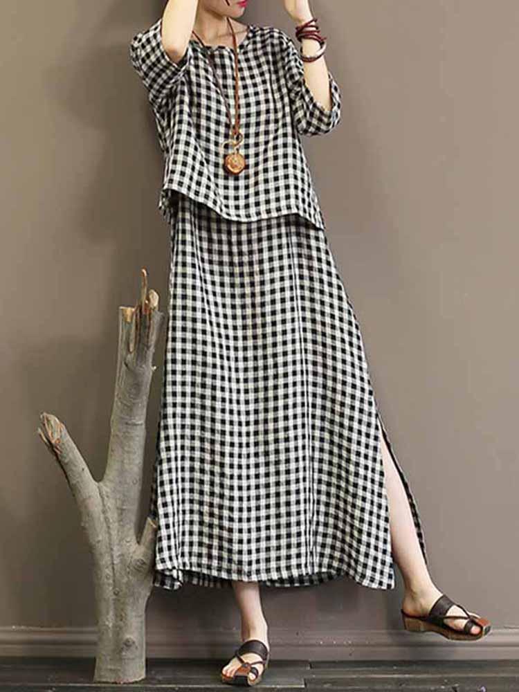 all in one place בגדי נשים Casual Women Plaid Split Hem 3/4 Sleeve Dress