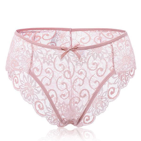 all in one place בגדי נשים Sexy Perspective Lace Hollow Out Underwear Temptation Bowknot Mid Waist Panties Briefs For Women