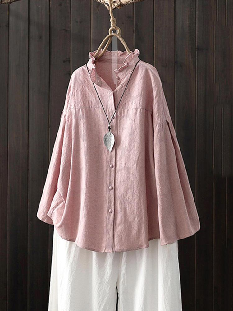 all in one place בגדי נשים Women Long Sleeve Button Stand Collar Casual Solid Blouse