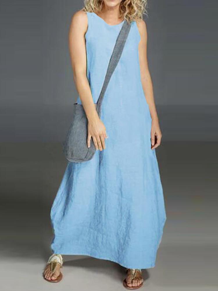 all in one place בגדי נשים Women Cotton Casual O-neck Solid Color Sleeveless Dress