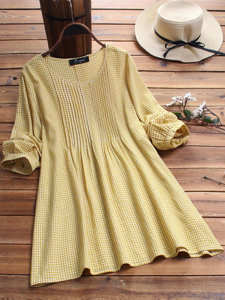 all in one place בגדי נשים Casual Plaid Pleated Crew Neck Plus Size Shirt Blouse for Women